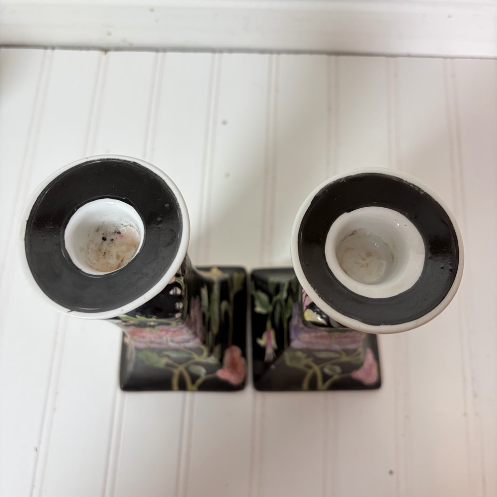Vintage Floral Chinoiserie Macau Candlestick Holders | Set of 2 - Picture 8 of 10